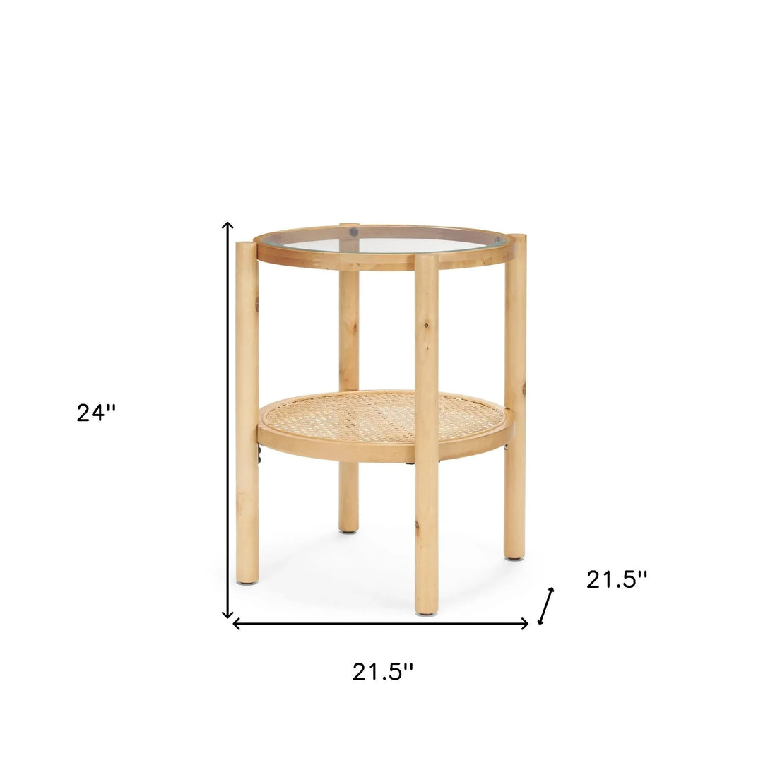 Weslyn Solid Light Brown Wood and Glass Top w/ Cane Side Table