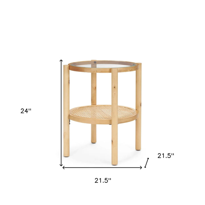 Weslyn Solid Light Brown Wood and Glass Top w/ Cane Side Table