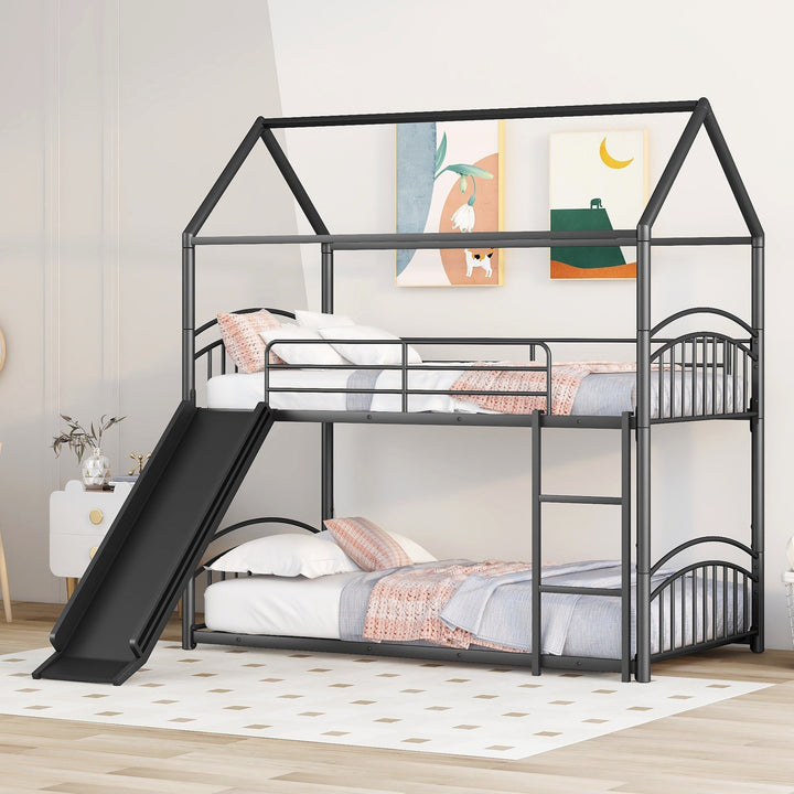 Twin Over Twin Metal Bunk Bed with Slide, House Bed Frame with Playful Design, Sturdy and Modern Structure, Black