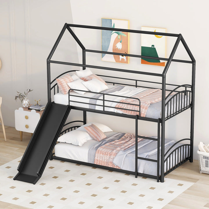 Twin Over Twin Metal Bunk Bed with Slide, House Bed Frame with Playful Design, Sturdy and Modern Structure, Black