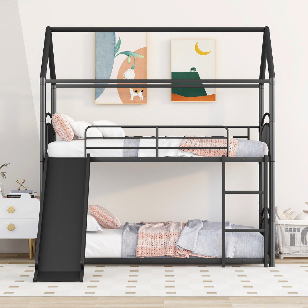 Twin Over Twin Metal Bunk Bed with Slide, House Bed Frame with Playful Design, Sturdy and Modern Structure, Black