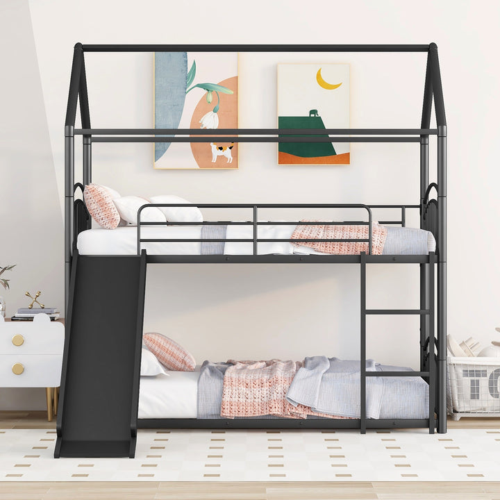 Twin Over Twin Metal Bunk Bed with Slide, House Bed Frame with Playful Design, Sturdy and Modern Structure, Black