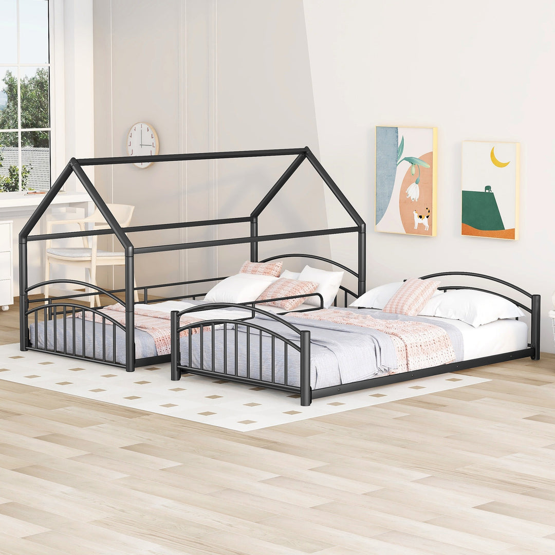 Twin Over Twin Metal Bunk Bed with Slide, House Bed Frame with Playful Design, Sturdy and Modern Structure, Black