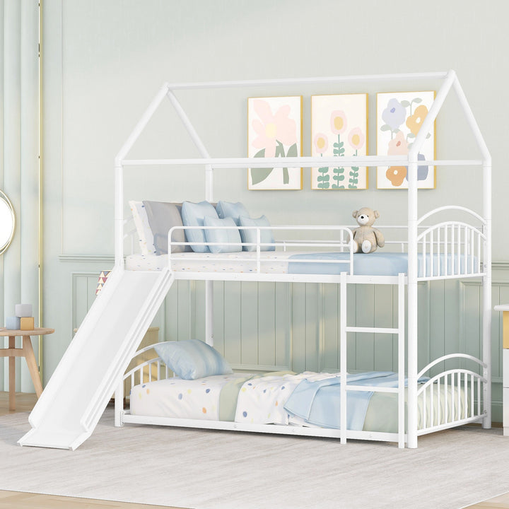 Twin Over Twin Metal Bunk Bed with Slide, House Bed Frame with Playful Design, Sturdy and Modern Structure, White