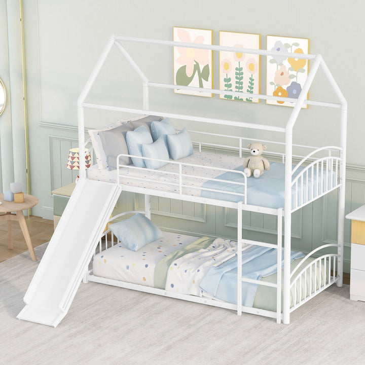 Twin Over Twin Metal Bunk Bed with Slide, House Bed Frame with Playful Design, Sturdy and Modern Structure, White