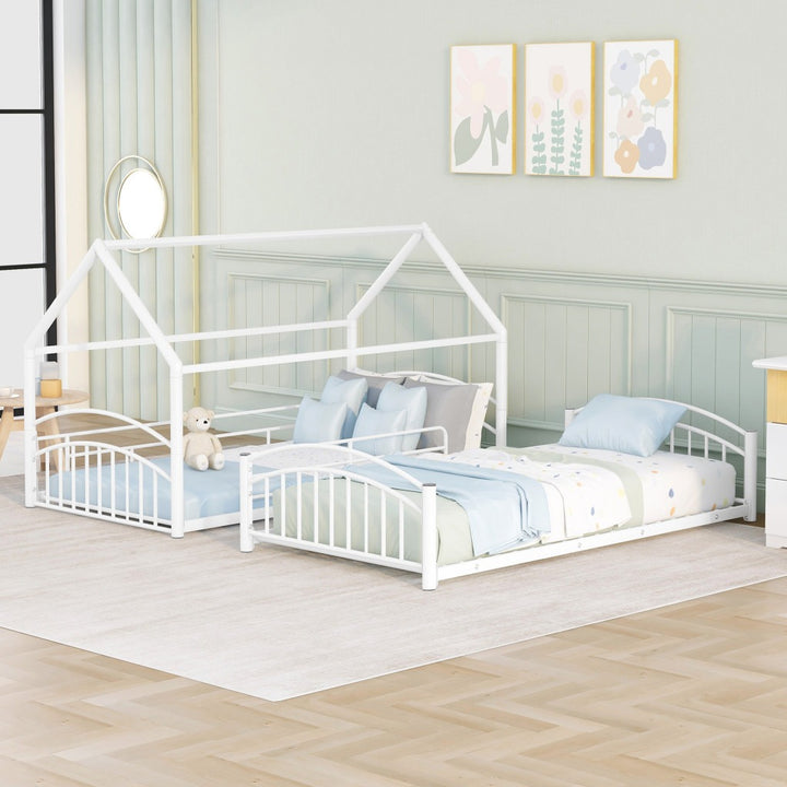 Twin Over Twin Metal Bunk Bed with Slide, House Bed Frame with Playful Design, Sturdy and Modern Structure, White