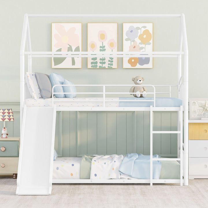 Twin Over Twin Metal Bunk Bed with Slide, House Bed Frame with Playful Design, Sturdy and Modern Structure, White