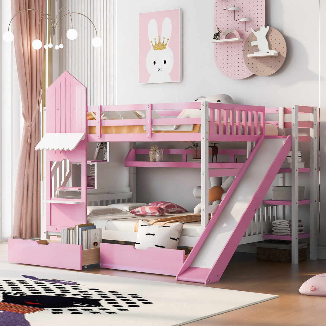 Full Over Full Castle Bunk Bed with Slide, Built-in Storage Drawers and Shelves, Sturdy and Fun Loft Design for Bedroom, Pink
