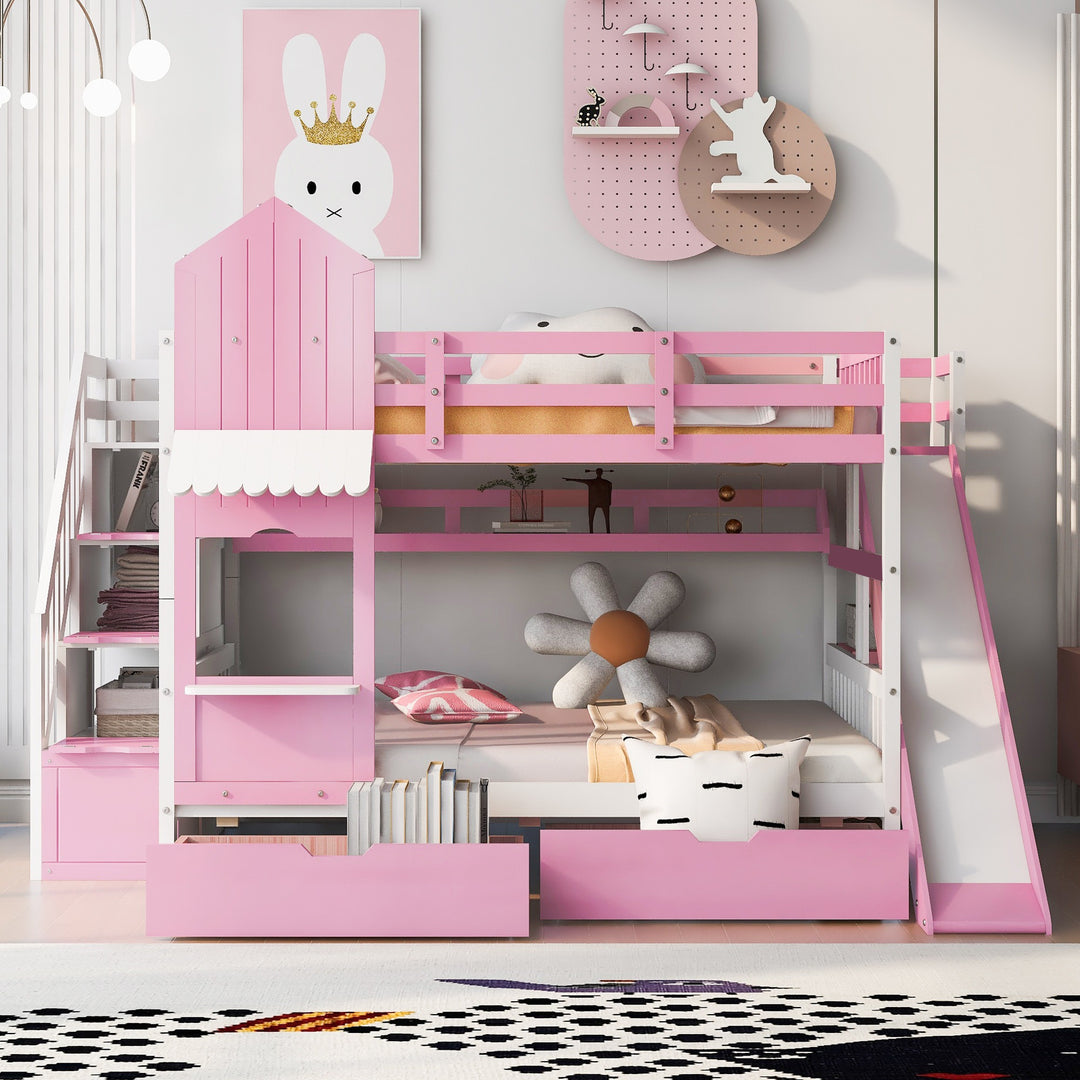 Full Over Full Castle Bunk Bed with Slide, Built-in Storage Drawers and Shelves, Sturdy and Fun Loft Design for Bedroom, Pink