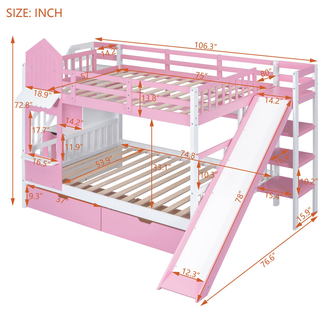 Full Over Full Castle Bunk Bed with Slide, Built-in Storage Drawers and Shelves, Sturdy and Fun Loft Design for Bedroom, Pink