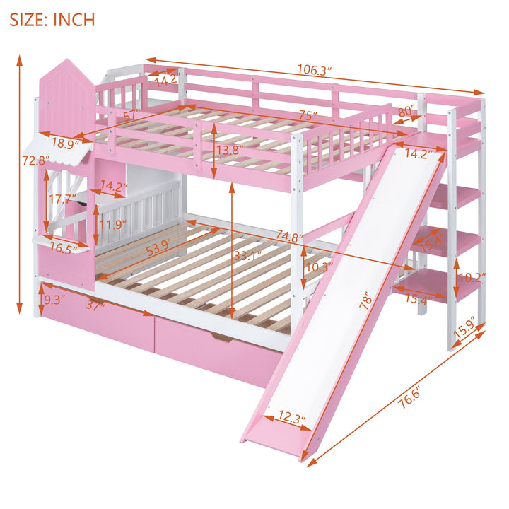 Full Over Full Castle Bunk Bed with Slide, Built-in Storage Drawers and Shelves, Sturdy and Fun Loft Design for Bedroom, Pink