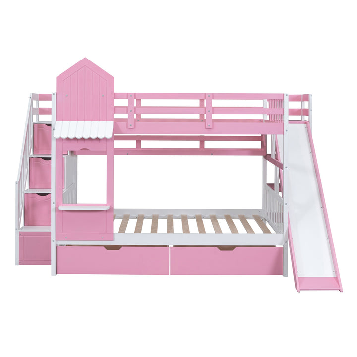 Full Over Full Castle Bunk Bed with Slide, Built-in Storage Drawers and Shelves, Sturdy and Fun Loft Design for Bedroom, Pink