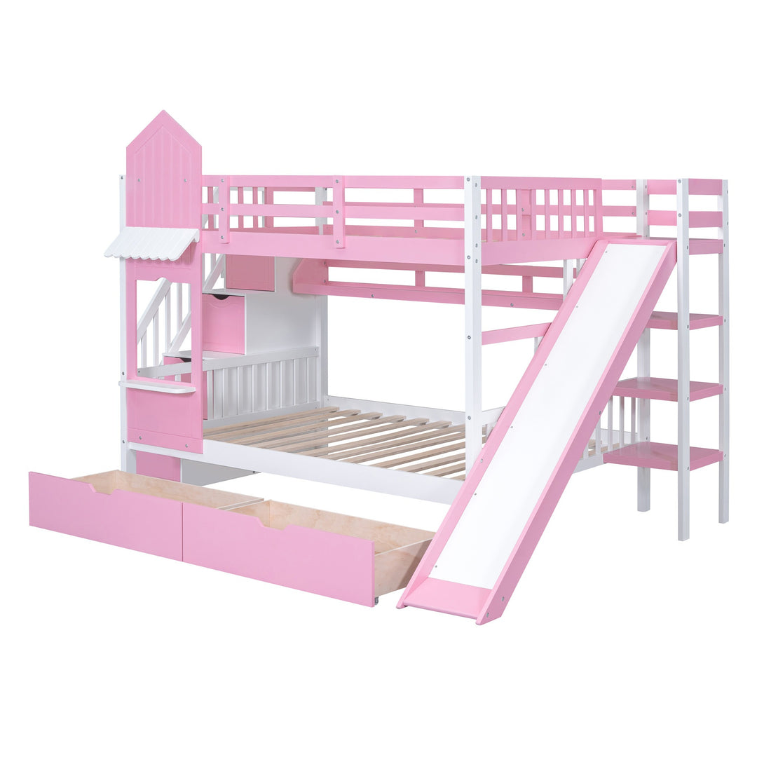 Full Over Full Castle Bunk Bed with Slide, Built-in Storage Drawers and Shelves, Sturdy and Fun Loft Design for Bedroom, Pink