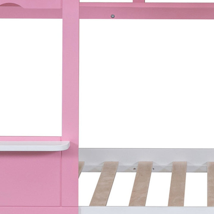 Full Over Full Castle Bunk Bed with Slide, Built-in Storage Drawers and Shelves, Sturdy and Fun Loft Design for Bedroom, Pink