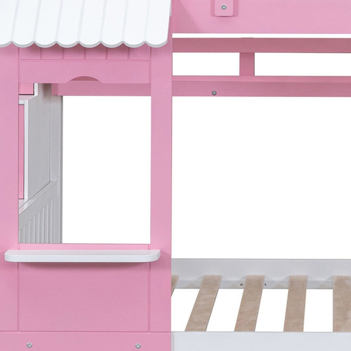 Full Over Full Castle Bunk Bed with Slide, Built-in Storage Drawers and Shelves, Sturdy and Fun Loft Design for Bedroom, Pink