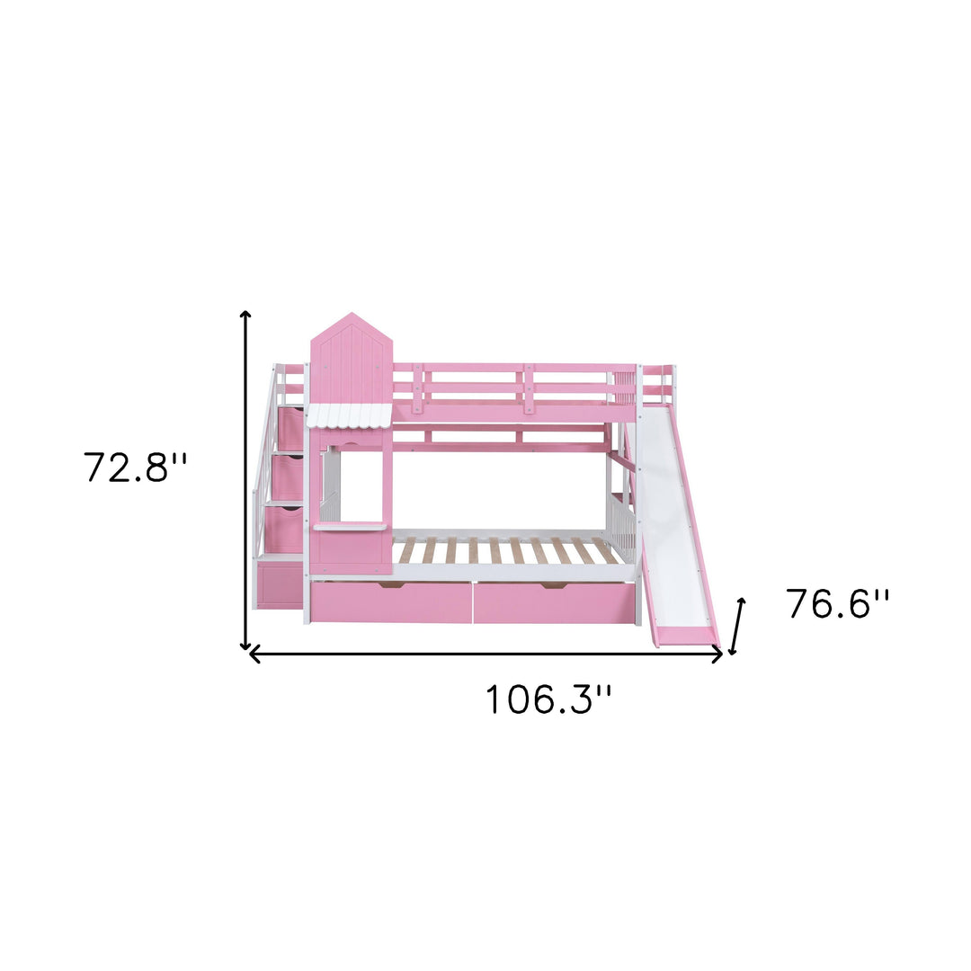 Full Over Full Castle Bunk Bed with Slide, Built-in Storage Drawers and Shelves, Sturdy and Fun Loft Design for Bedroom, Pink