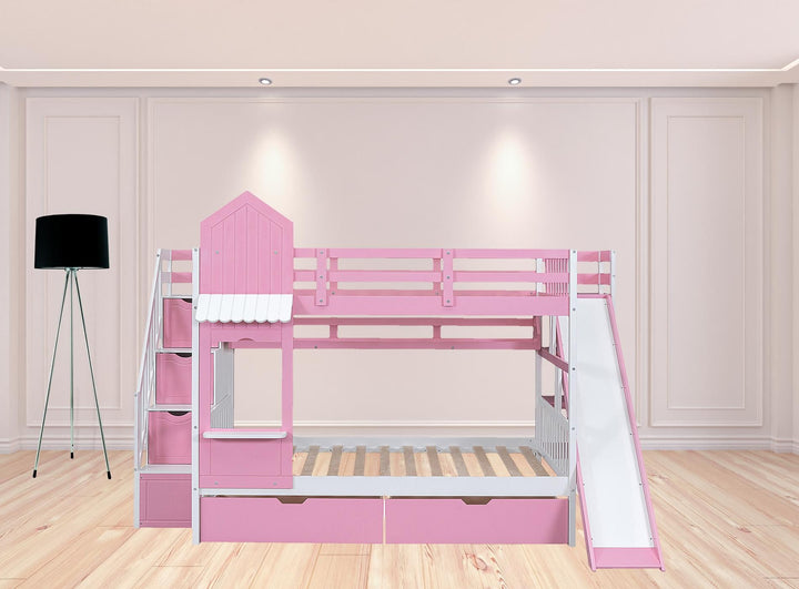Full Over Full Castle Bunk Bed with Slide, Built-in Storage Drawers and Shelves, Sturdy and Fun Loft Design for Bedroom, Pink