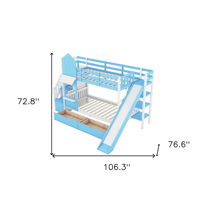 Twin Over Twin Castle Bunk Bed with Slide, Built-in Storage Drawers and Shelves, Space-Saving and Stylish Wooden Frame, Blue