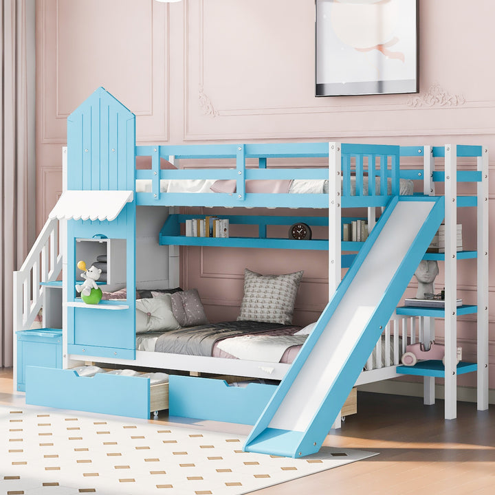 Twin Over Twin Castle Bunk Bed with Slide, Built-in Storage Drawers and Shelves, Space-Saving and Stylish Wooden Frame, Blue