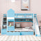 Twin Over Twin Castle Bunk Bed with Slide, Built-in Storage Drawers and Shelves, Space-Saving and Stylish Wooden Frame, Blue