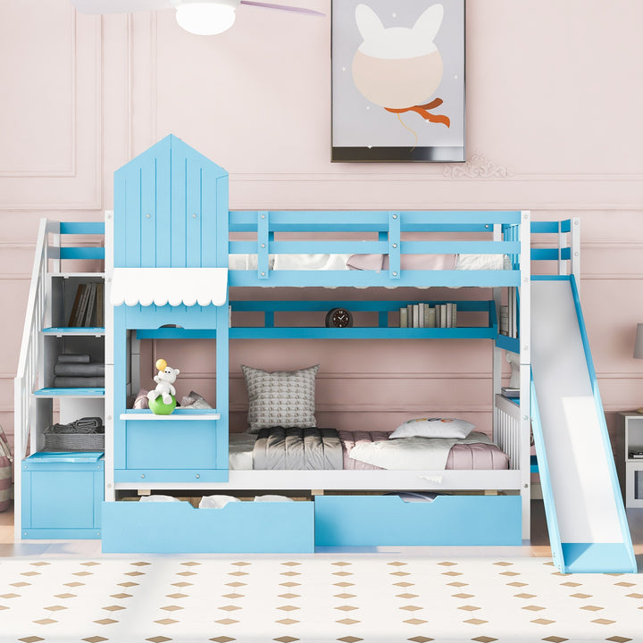 Twin Over Twin Castle Bunk Bed with Slide, Built-in Storage Drawers and Shelves, Space-Saving and Stylish Wooden Frame, Blue