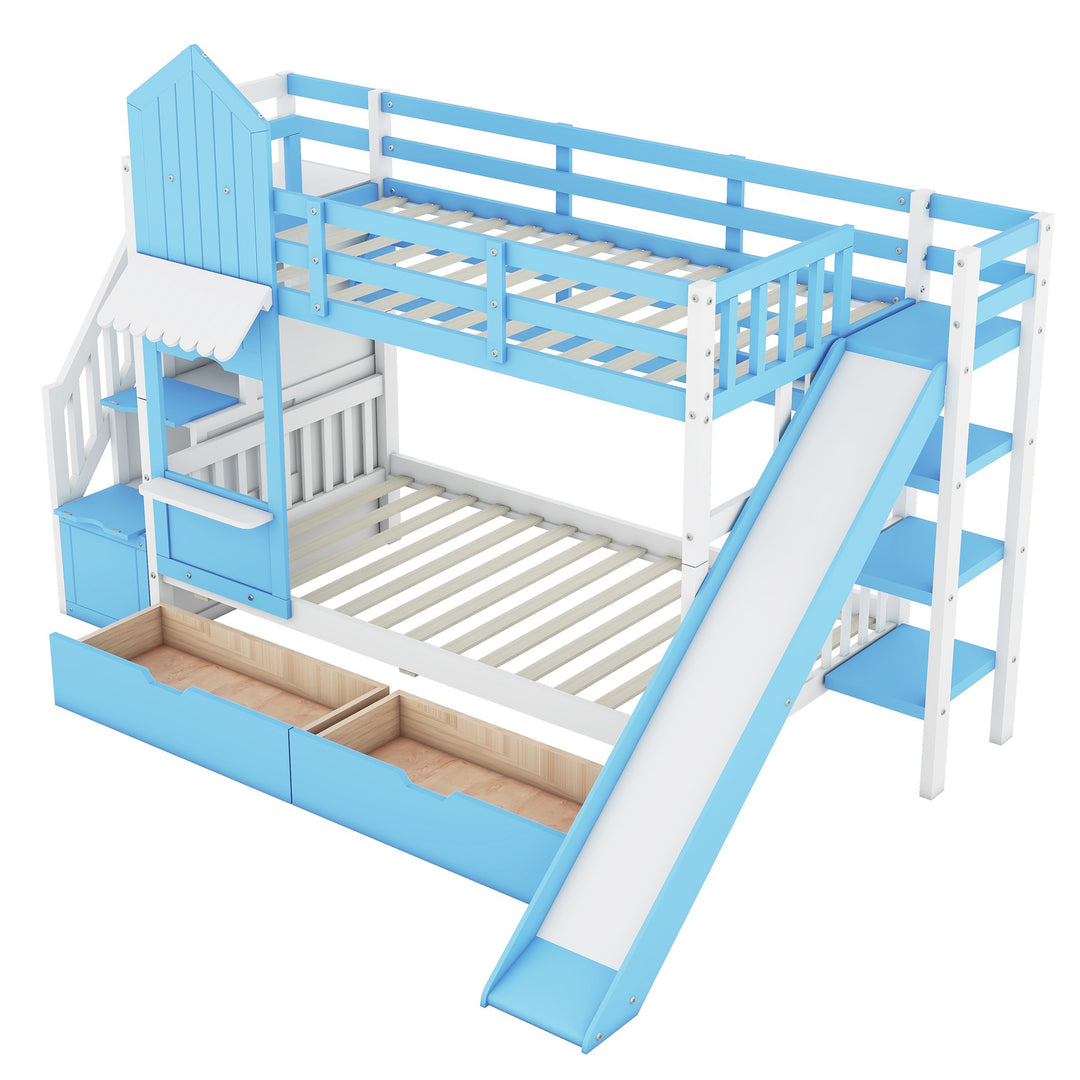 Twin Over Twin Castle Bunk Bed with Slide, Built-in Storage Drawers and Shelves, Space-Saving and Stylish Wooden Frame, Blue