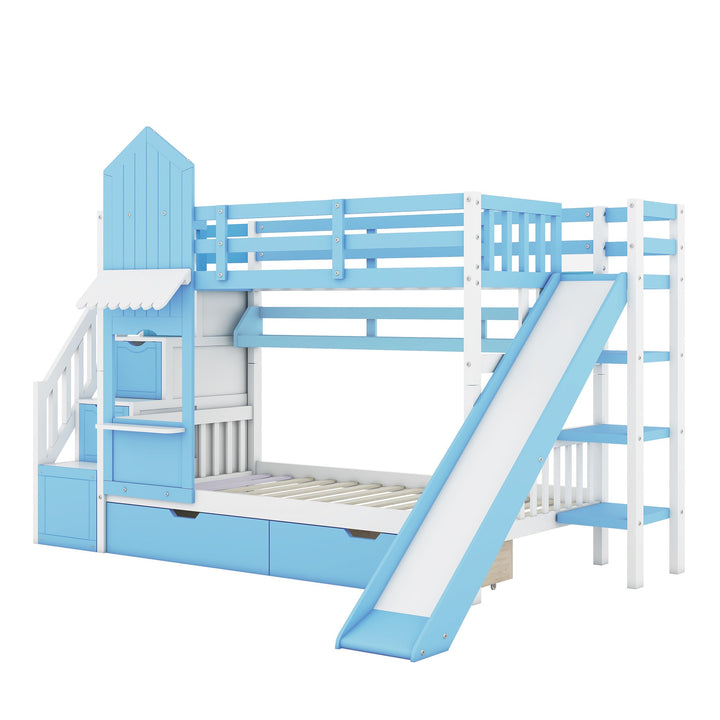 Twin Over Twin Castle Bunk Bed with Slide, Built-in Storage Drawers and Shelves, Space-Saving and Stylish Wooden Frame, Blue