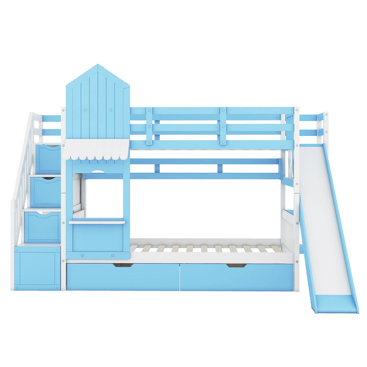 Twin Over Twin Castle Bunk Bed with Slide, Built-in Storage Drawers and Shelves, Space-Saving and Stylish Wooden Frame, Blue
