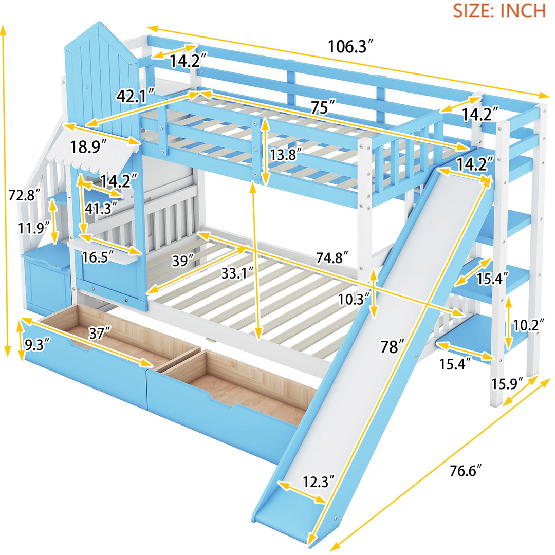 Twin Over Twin Castle Bunk Bed with Slide, Built-in Storage Drawers and Shelves, Space-Saving and Stylish Wooden Frame, Blue