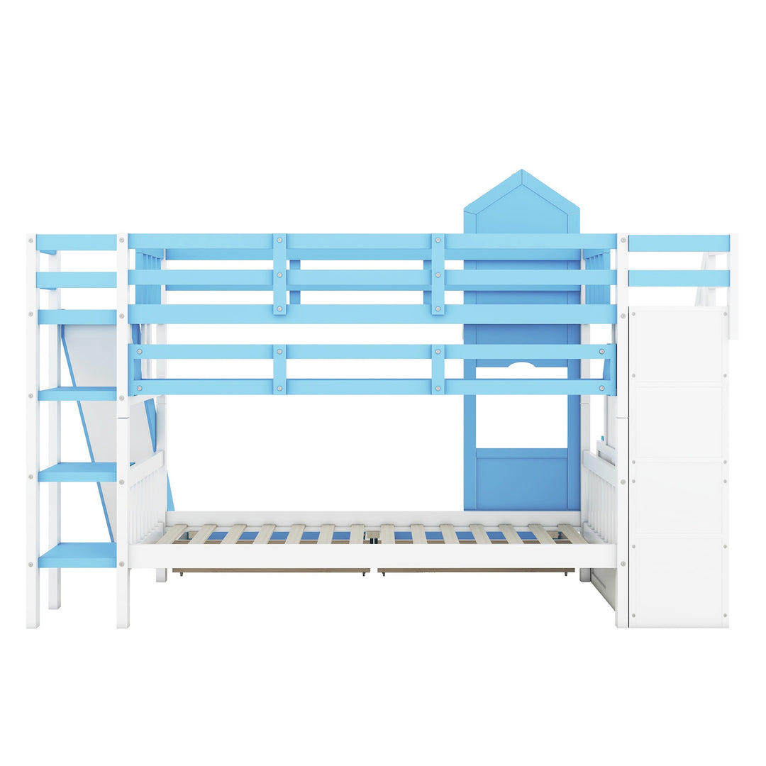 Twin Over Twin Castle Bunk Bed with Slide, Built-in Storage Drawers and Shelves, Space-Saving and Stylish Wooden Frame, Blue