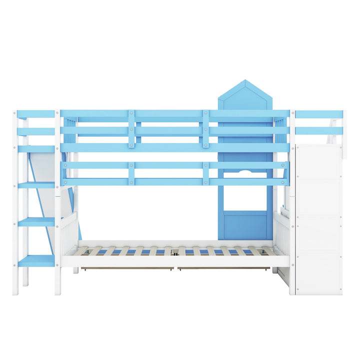 Twin Over Twin Castle Bunk Bed with Slide, Built-in Storage Drawers and Shelves, Space-Saving and Stylish Wooden Frame, Blue
