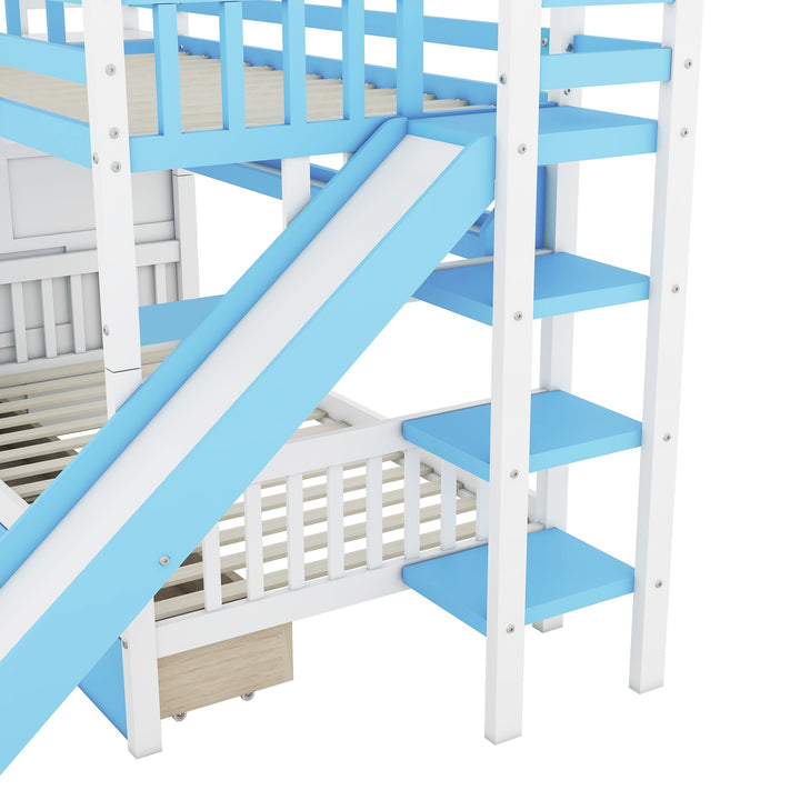 Twin Over Twin Castle Bunk Bed with Slide, Built-in Storage Drawers and Shelves, Space-Saving and Stylish Wooden Frame, Blue