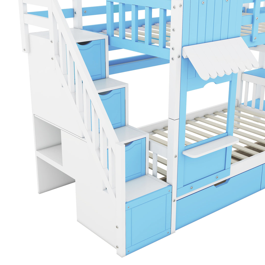 Twin Over Twin Castle Bunk Bed with Slide, Built-in Storage Drawers and Shelves, Space-Saving and Stylish Wooden Frame, Blue