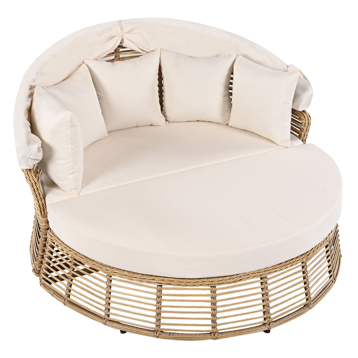 Luxurious 51" Beige Wicker Patio Daybed with Retractable Canopy and Premium Cushion Set