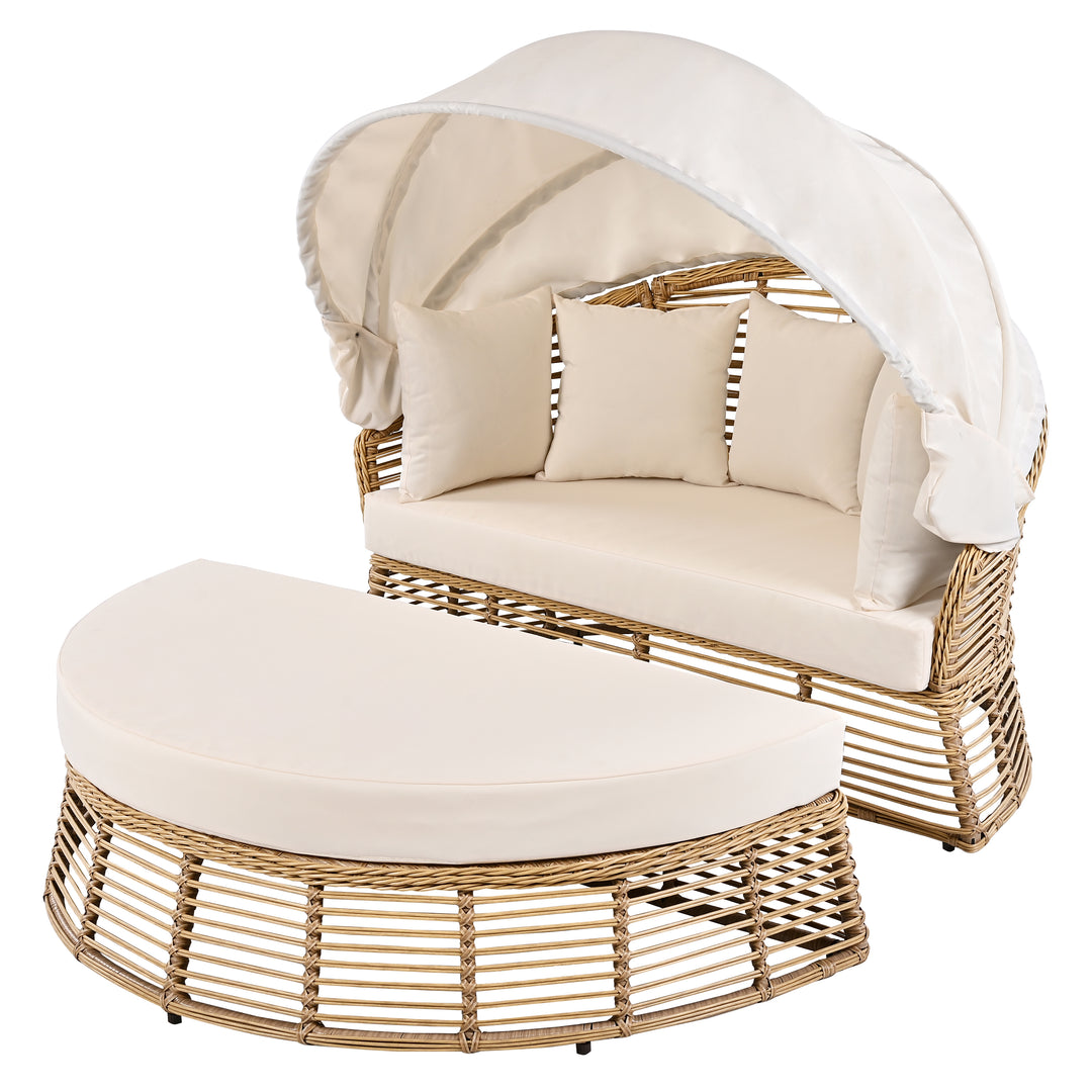 Luxurious 51" Beige Wicker Patio Daybed with Retractable Canopy and Premium Cushion Set