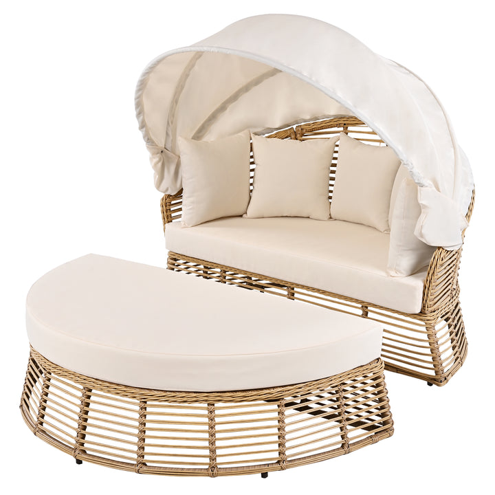 Luxurious 51" Beige Wicker Patio Daybed with Retractable Canopy and Premium Cushion Set