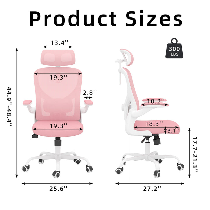 Ergonomic Office Chair Home Computer Desk Chair Adjustable Lumbar Support Flip Up Armrests Breathable Mesh Seat with Headrest Pink