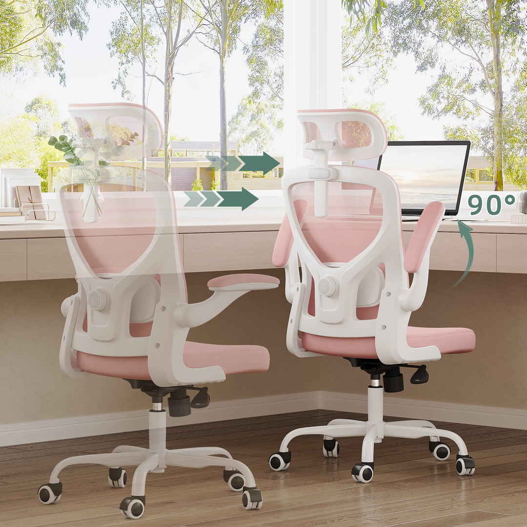 Ergonomic Office Chair Home Computer Desk Chair Adjustable Lumbar Support Flip Up Armrests Breathable Mesh Seat with Headrest Pink