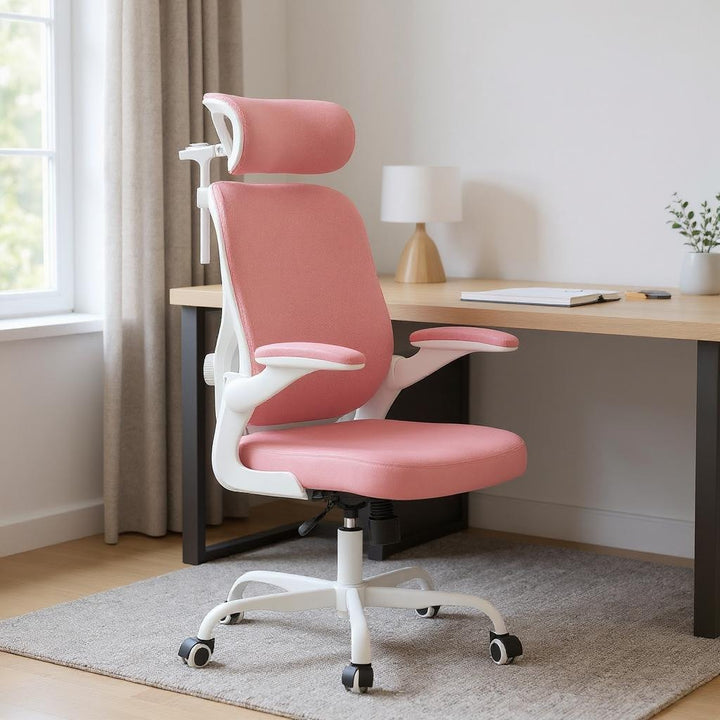 Ergonomic Office Chair Home Computer Desk Chair Adjustable Lumbar Support Flip Up Armrests Breathable Mesh Seat with Headrest Pink
