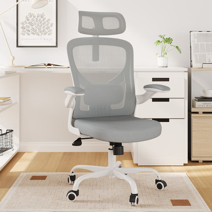 Ergonomic Office Chair Home Computer Desk Chair Adjustable Lumbar Support Flip Up Armrests Breathable Mesh Seat with Headrest Grey