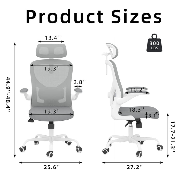 Ergonomic Office Chair Home Computer Desk Chair Adjustable Lumbar Support Flip Up Armrests Breathable Mesh Seat with Headrest Grey