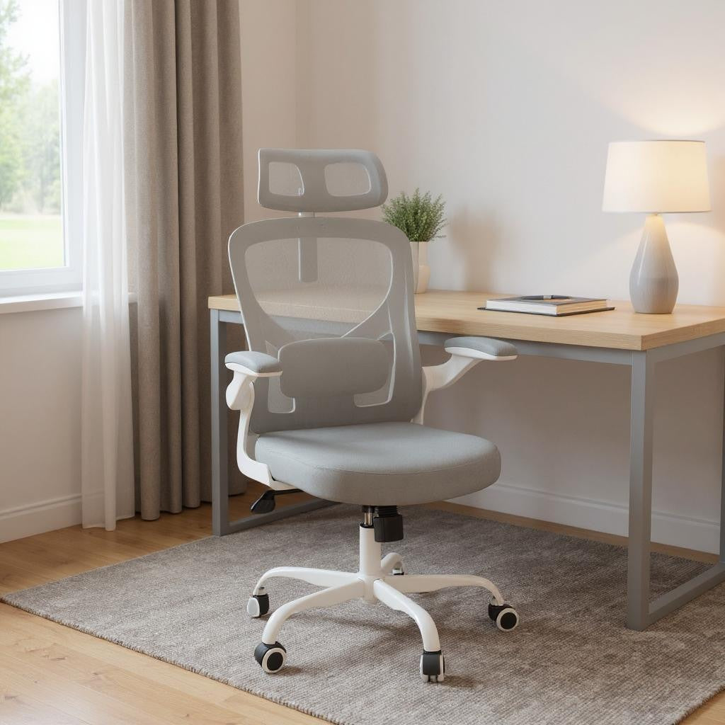 Ergonomic Office Chair Home Computer Desk Chair Adjustable Lumbar Support Flip Up Armrests Breathable Mesh Seat with Headrest Grey