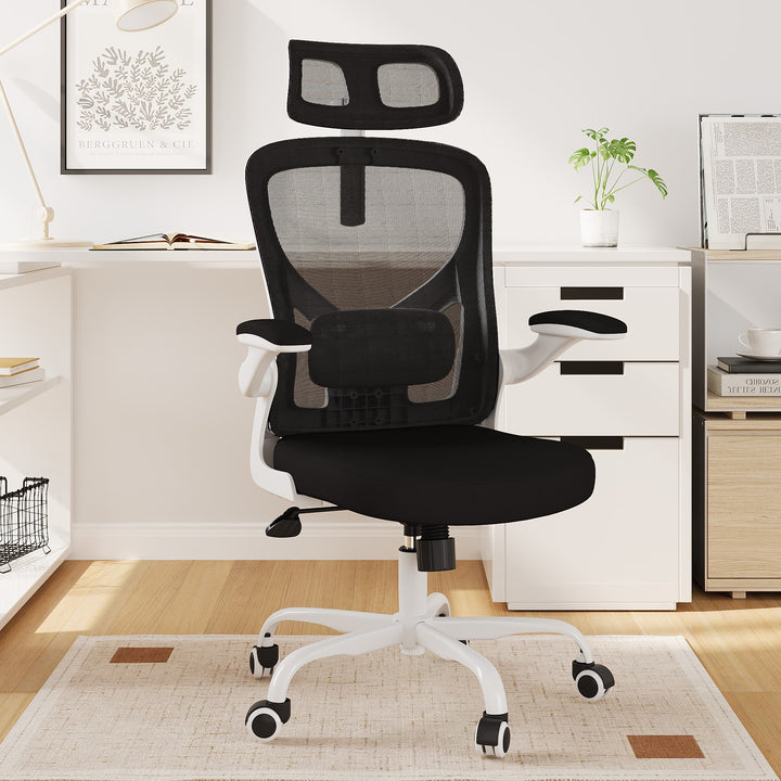 Ergonomic Office Chair Home Computer Desk Chair Adjustable Lumbar Support Flip Up Armrests Breathable Mesh Seat with Headrest Black
