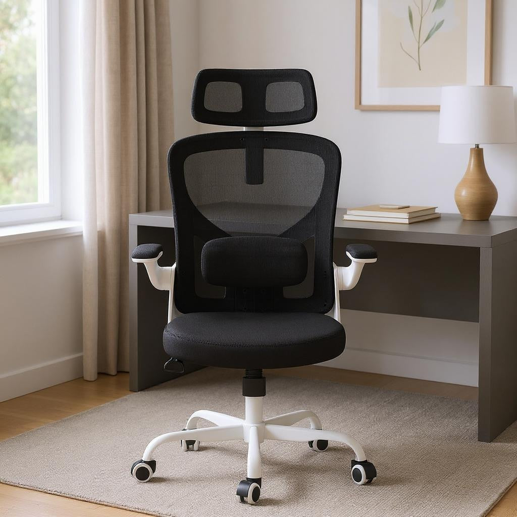 Ergonomic Office Chair Home Computer Desk Chair Adjustable Lumbar Support Flip Up Armrests Breathable Mesh Seat with Headrest Black