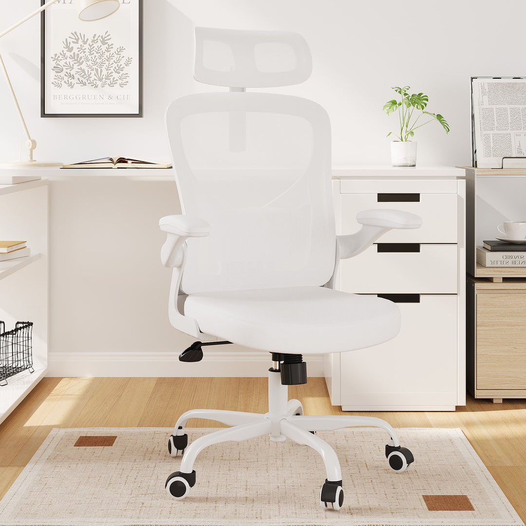 Ergonomic Office Chair Home Computer Desk Chair Adjustable Lumbar Support Flip Up Armrests Breathable Mesh Seat with Headrest White