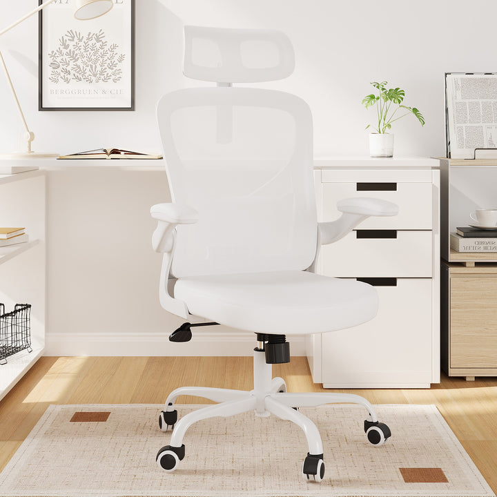 Ergonomic Office Chair Home Computer Desk Chair Adjustable Lumbar Support Flip Up Armrests Breathable Mesh Seat with Headrest White