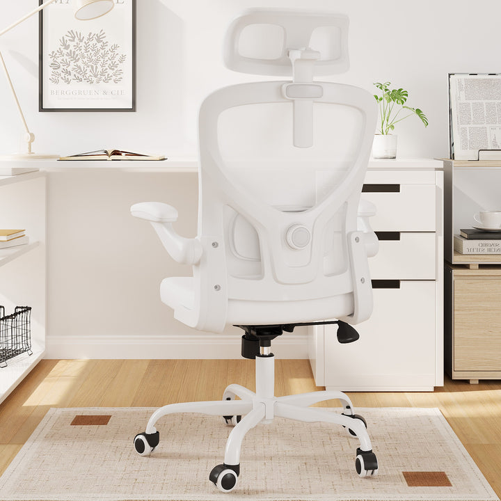 Ergonomic Office Chair Home Computer Desk Chair Adjustable Lumbar Support Flip Up Armrests Breathable Mesh Seat with Headrest White