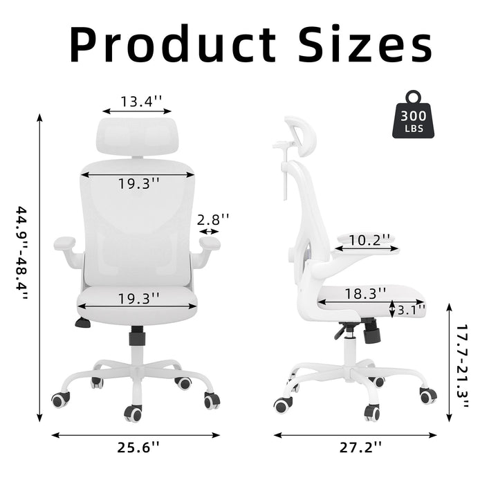 Ergonomic Office Chair Home Computer Desk Chair Adjustable Lumbar Support Flip Up Armrests Breathable Mesh Seat with Headrest White