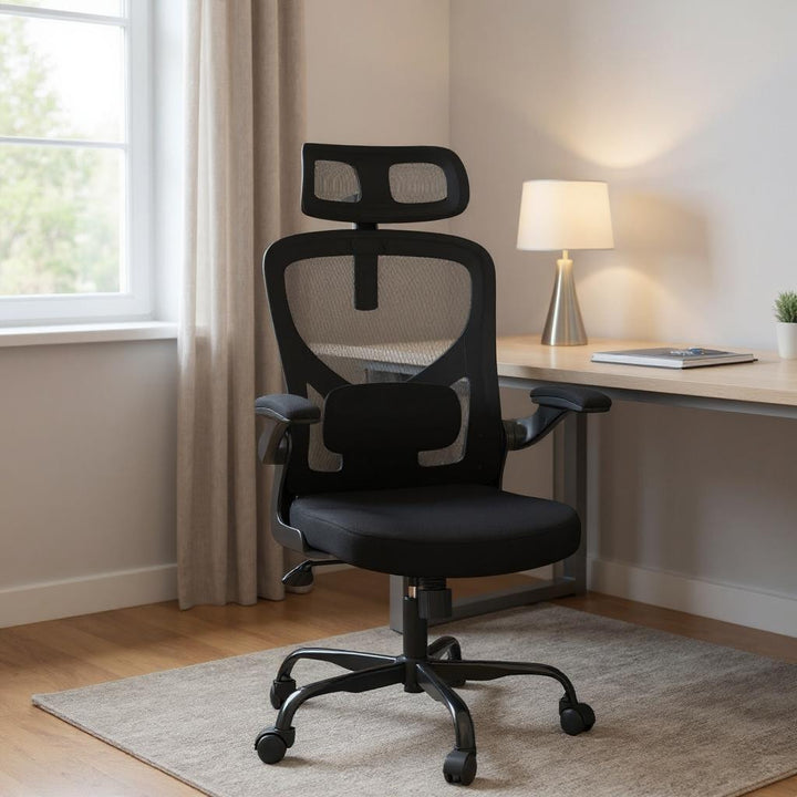 Ergonomic Office Chair Home Computer Desk Chair Adjustable Lumbar Support Flip Up Armrests Breathable Mesh Seat with Headrest Black
