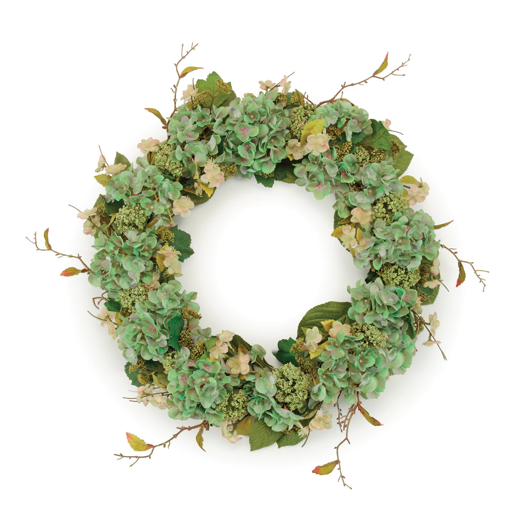 Green Hydrangea Seedum Wreath – Fresh Spring Circle Accent | Artificial Floral Decor | Trufairs